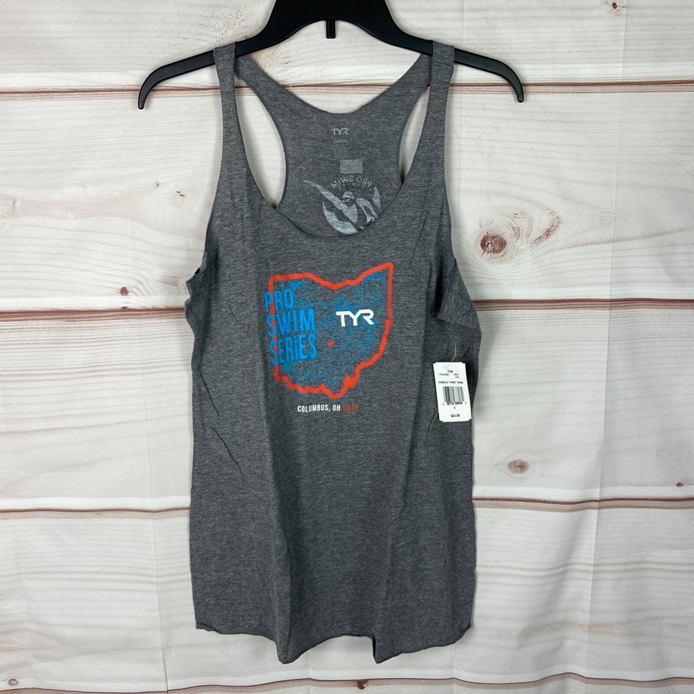TYR Top Womens Large Gray Tunic Tank Pro Swim Series Graphic Racerback 2018 Ohio